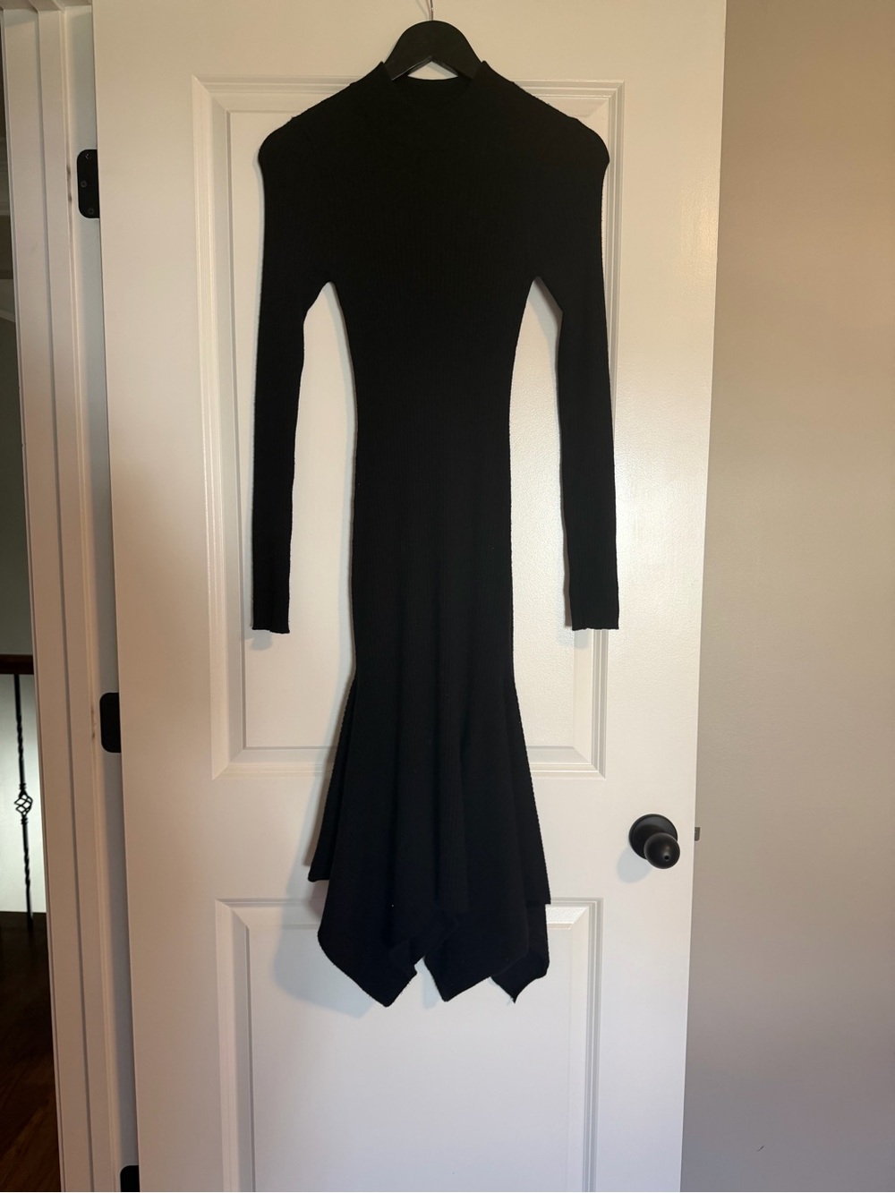 Black Ribbed Long-Sleeve Midi Dress